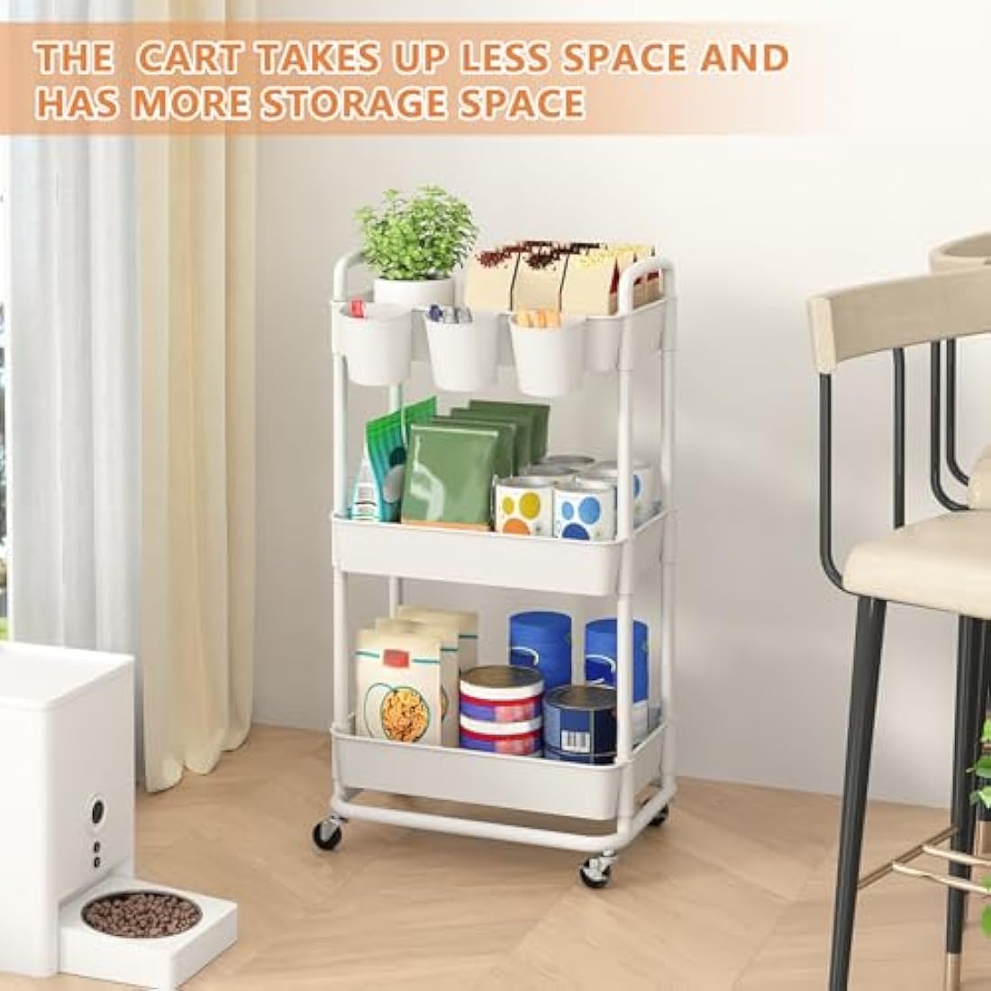 JIUYOTREE 3-Tier Rolling Utility Cart with Handles and Locking Wheels - White