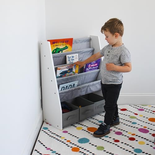 Humble Crew Wooden Kids Bookshelf | 4-Tier Storage with 3 Bins - Grey