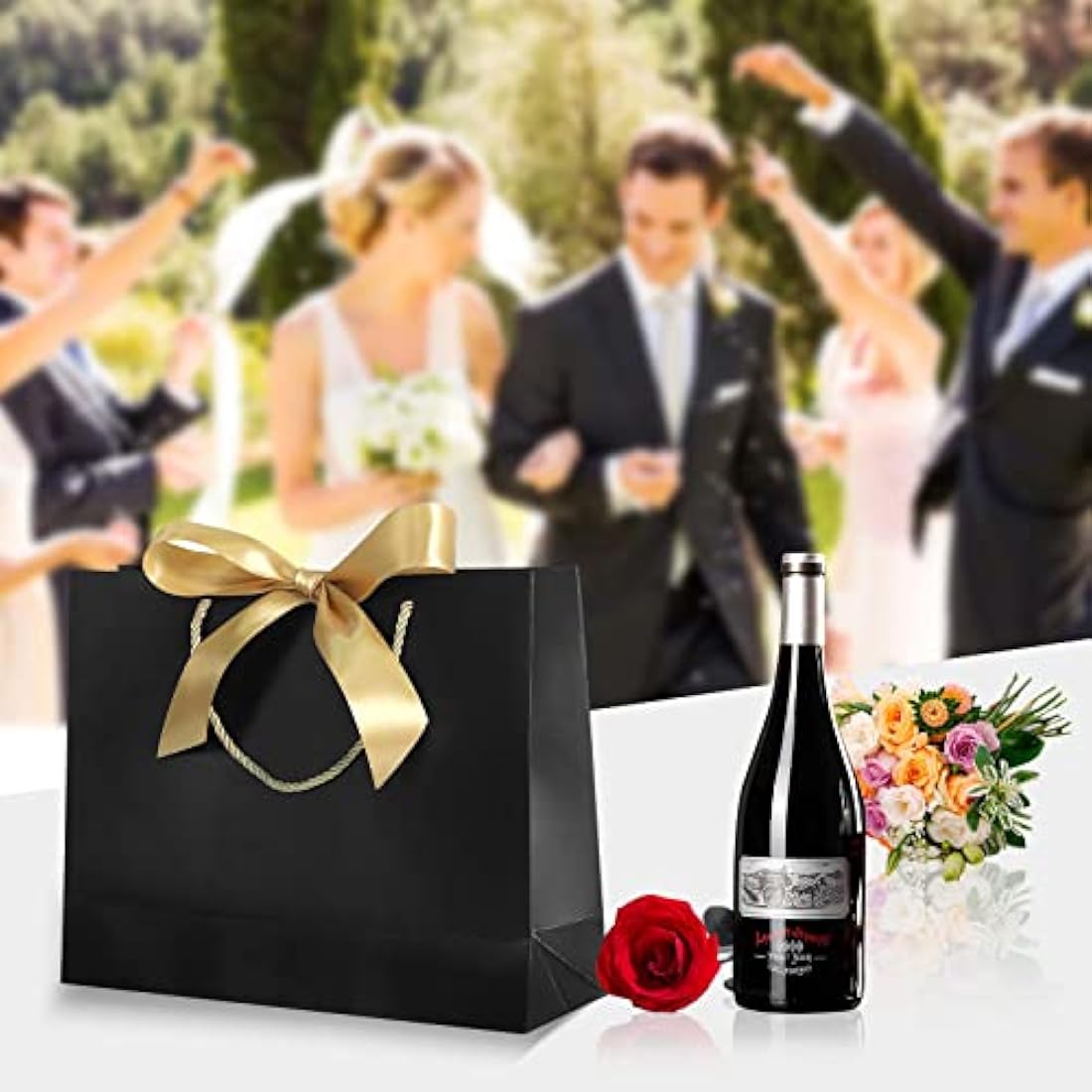 Black Gift Bags with Ribbon Bow - 8 Pack Paper Bags for Weddings