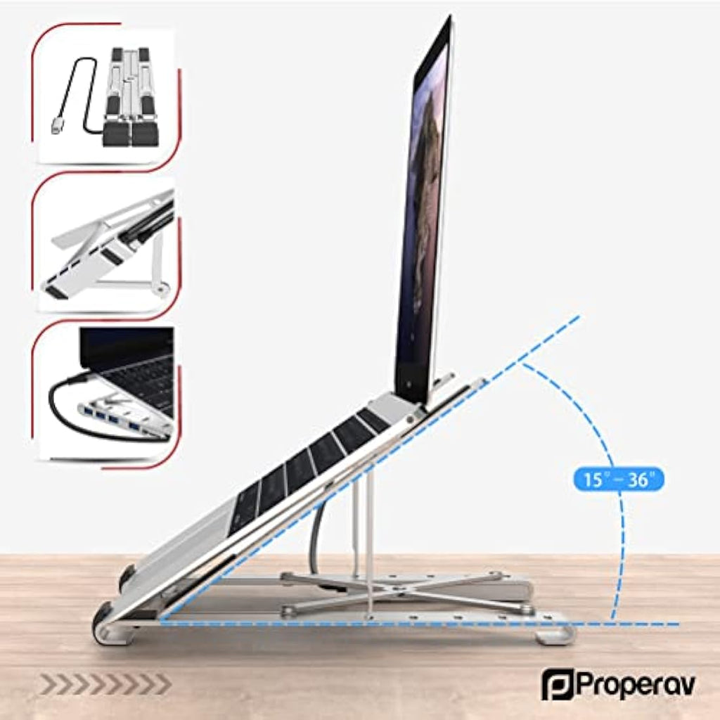 Properav Aluminum Laptop Stand with 100W USB-C Hub & 4 USB-A Ports