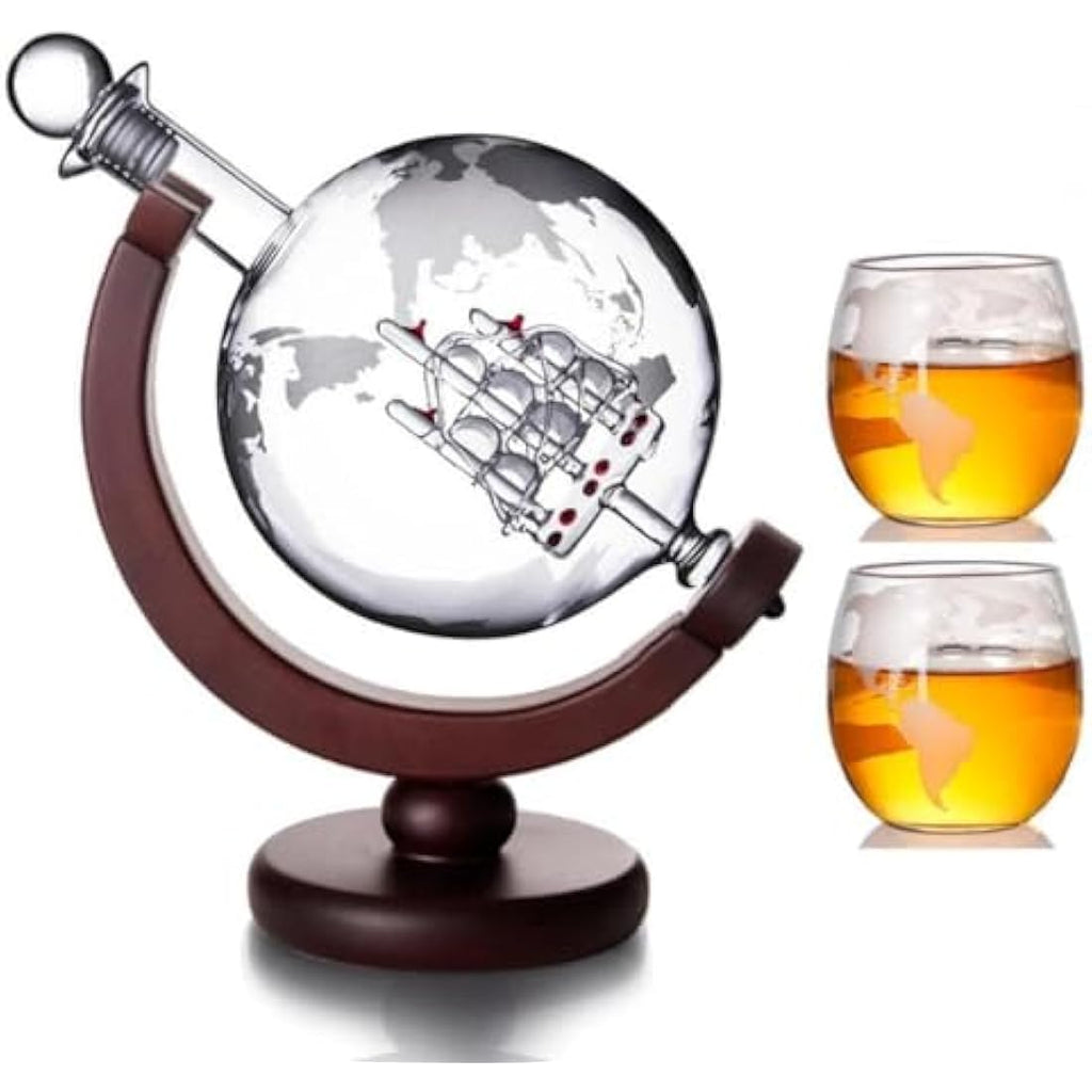 Whiskey Globe Decanter Set – 850ml Glass Carafe with Ship