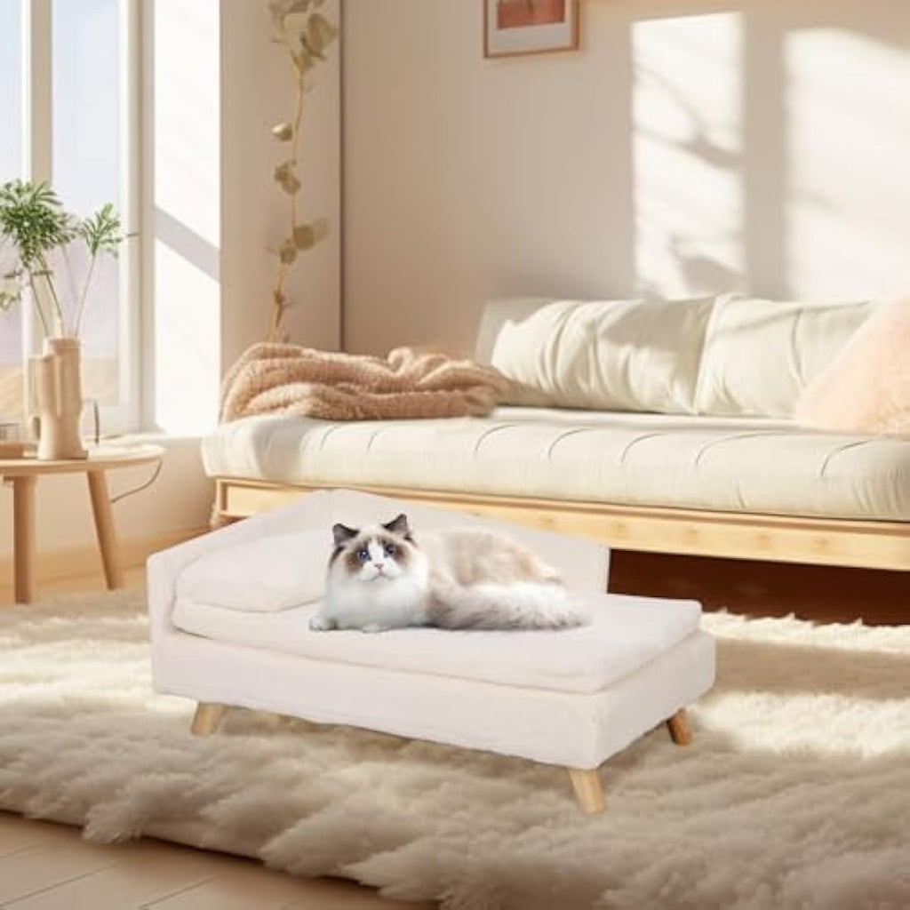 BingoPaw Elevated L-Shaped Dog Sofa Bed - Plush Wooden Pet Couch (M)