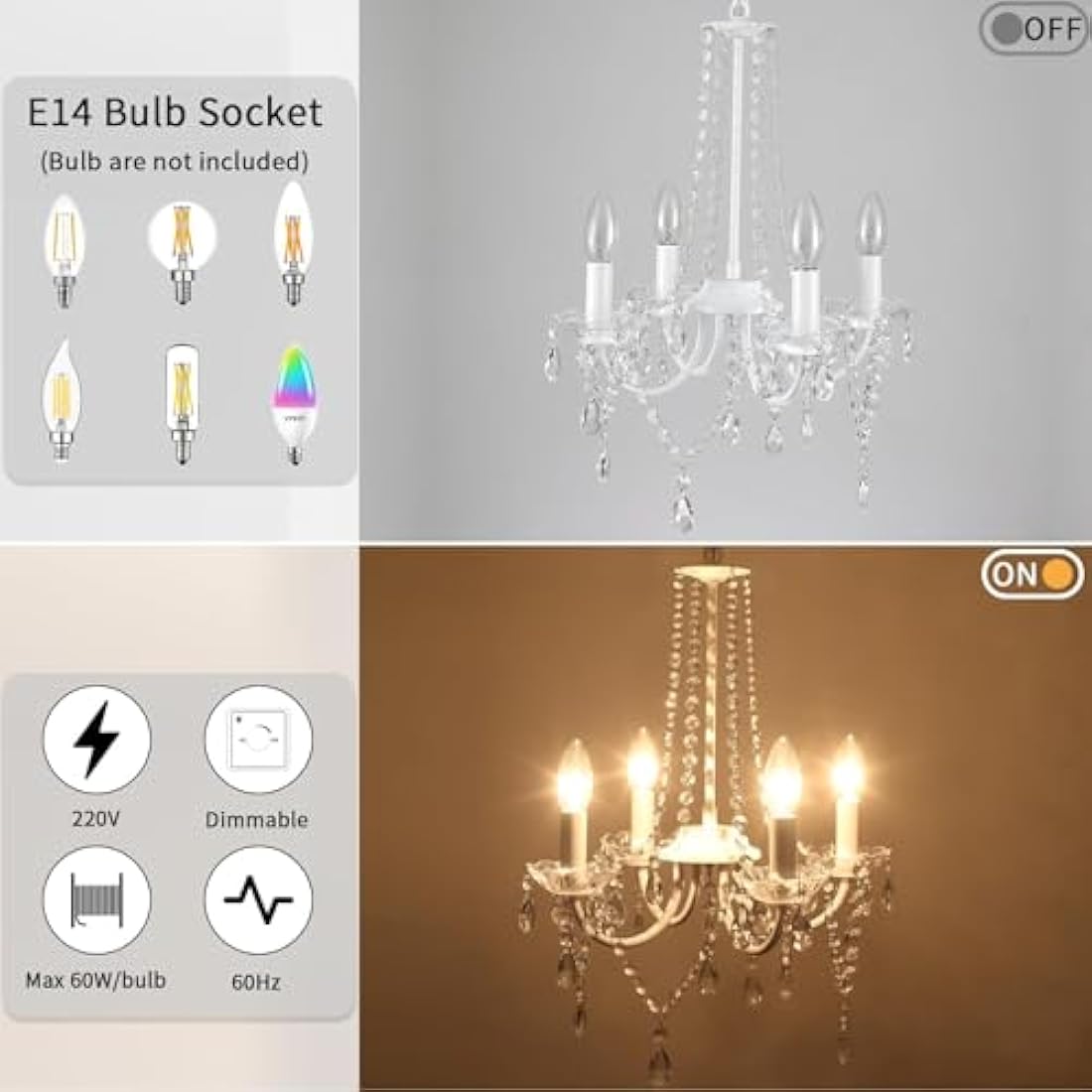 Jolof Store Crystal Chandelier – 4-Light Modern White Ceiling Pendant Light