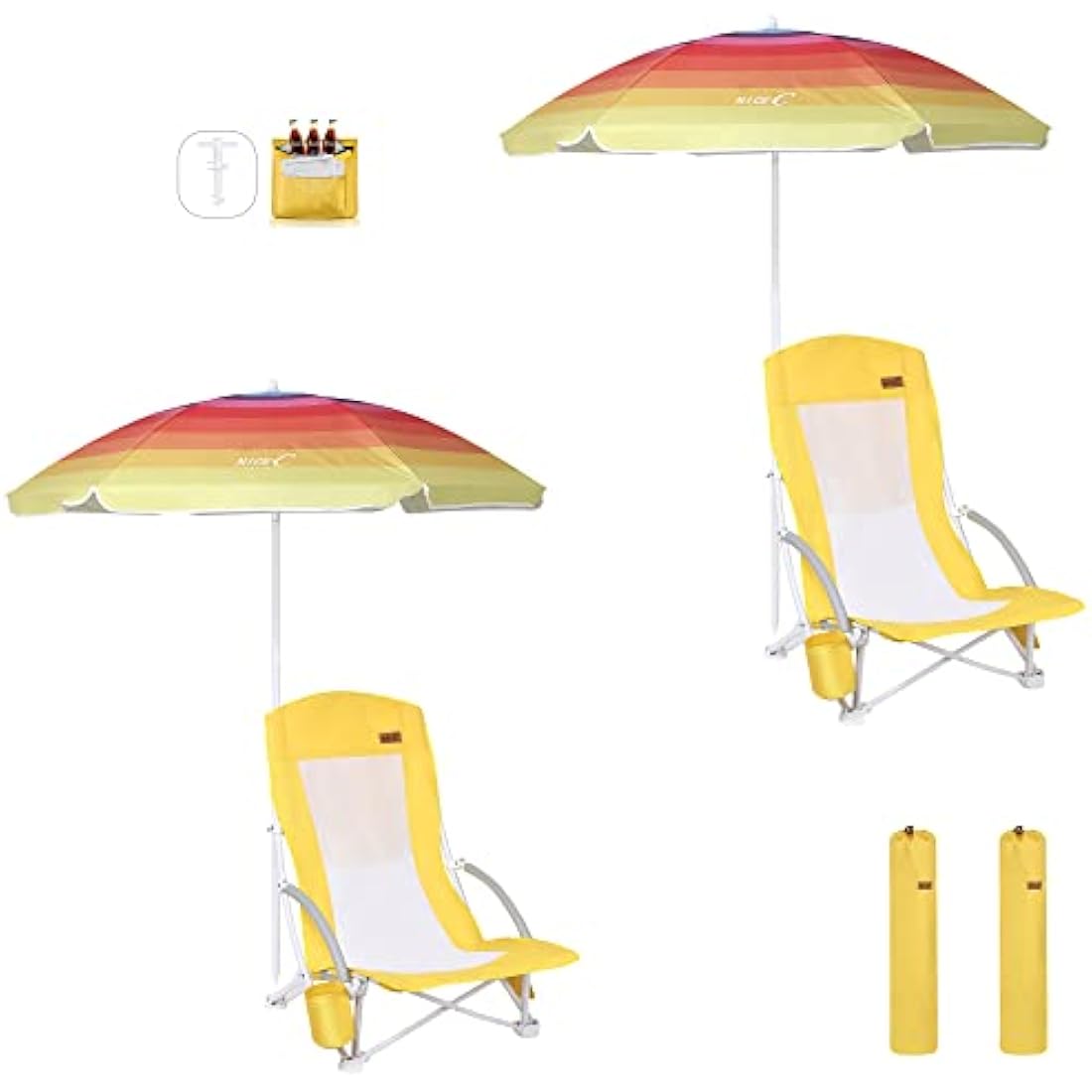 Nice C High Back Beach Chairs with Umbrella and Cooler Bag, 2-Pack Yellow