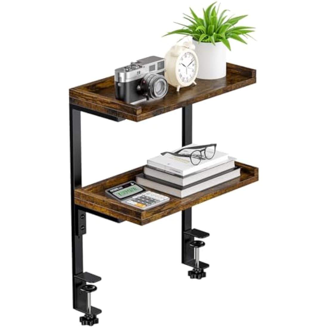 THYGIFTREE 2-Tier Clamp On Desk Shelf | Wood Tabletop Storage Rack - Brown
