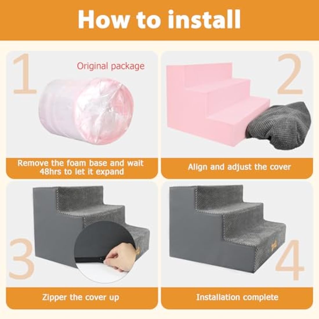 Nepfaivy 3-Step Foam Dog Stairs – Non-Slip Pet Ramp for Small Dogs