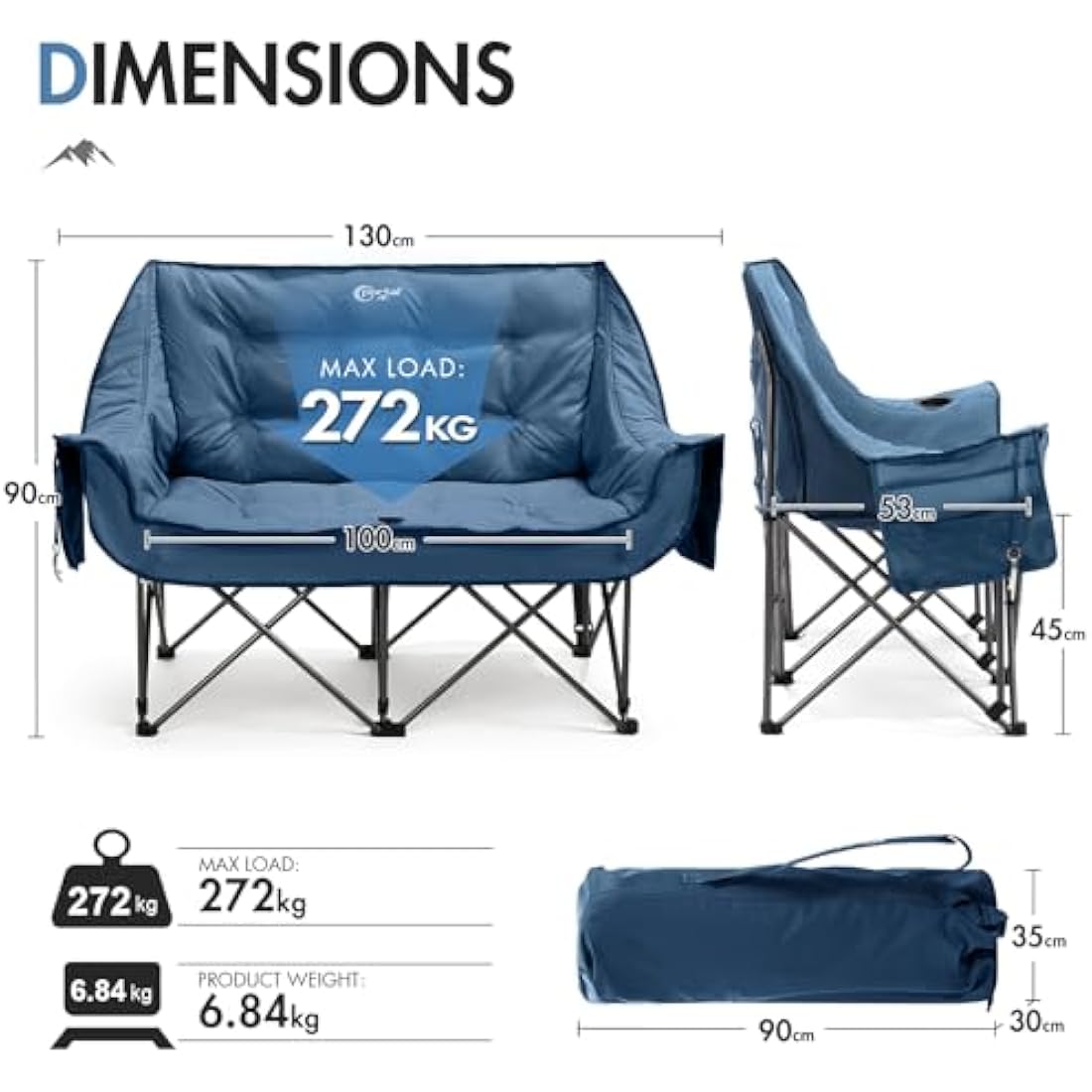 Portal Double Camping Chair – Padded Folding Loveseat Sofa, 272kg Load