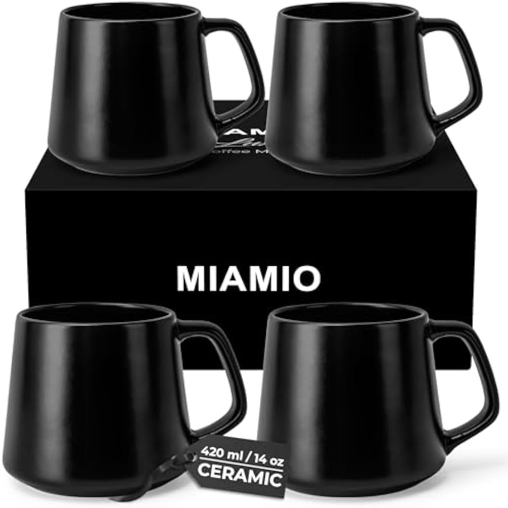 MIAMIO Ceramic Coffee Mugs Set of 4 – 420ml Large Stoneware Cups, Black