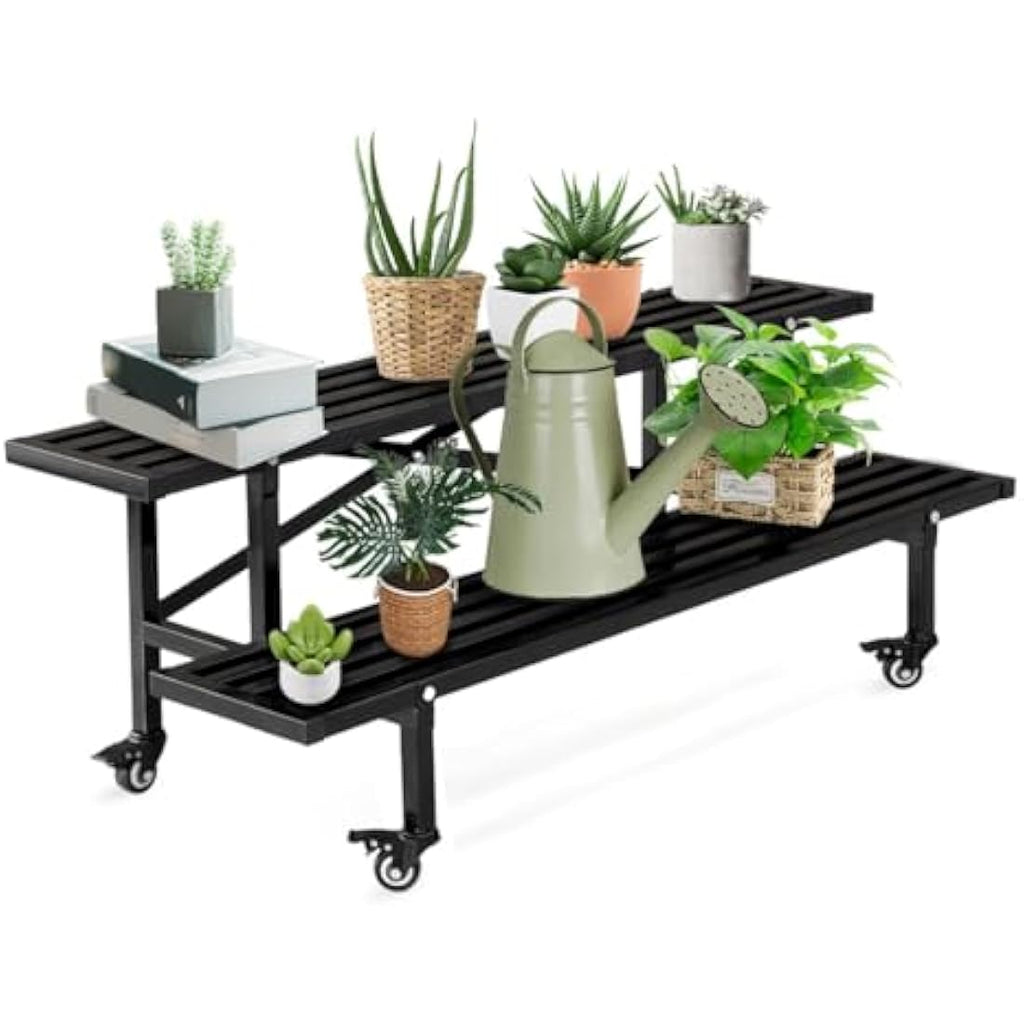 CStern 2-Tier Metal Plant Stand with Wheels – Heavy Duty Flower Shelf