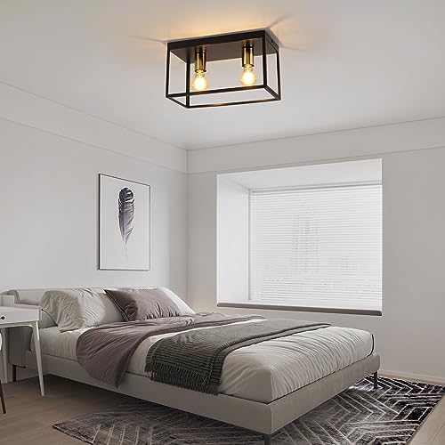 FORCOSO Industrial Black Ceiling Light – 2-Light Metal Cage Flush Mount