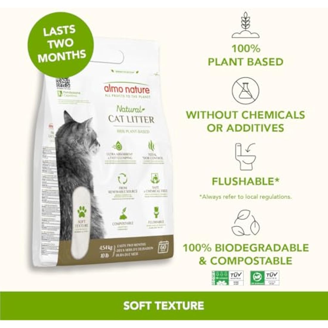 Almo Nature Cat Litter – 100% Natural Plant-Based Clumping – 4.54kg