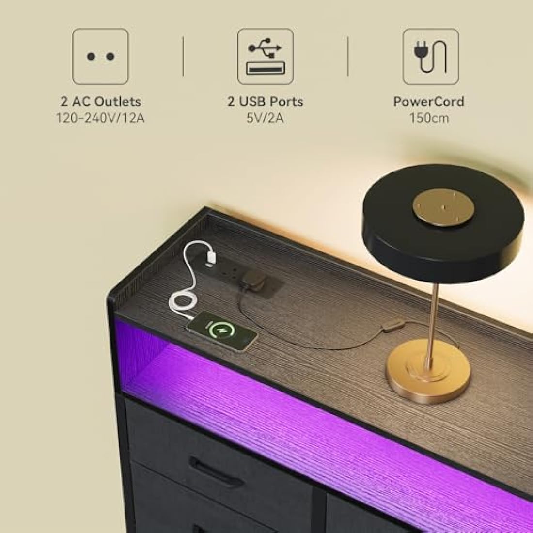 ODK 9-Drawer Dresser with LED Lights and Charging Station – Black Fabric