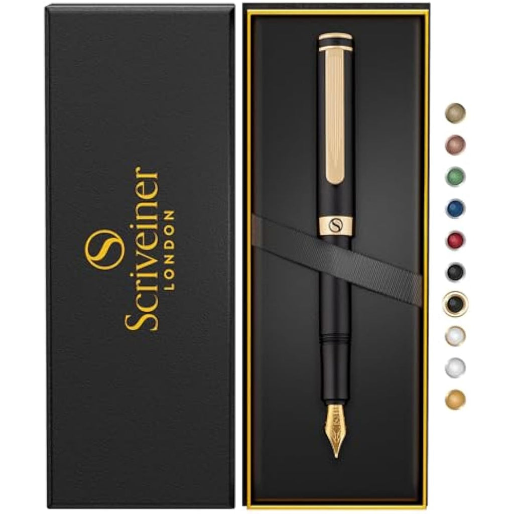 Scriveiner Luxury EDC Fountain Pen – Black Pocket Pen with Gold Nib