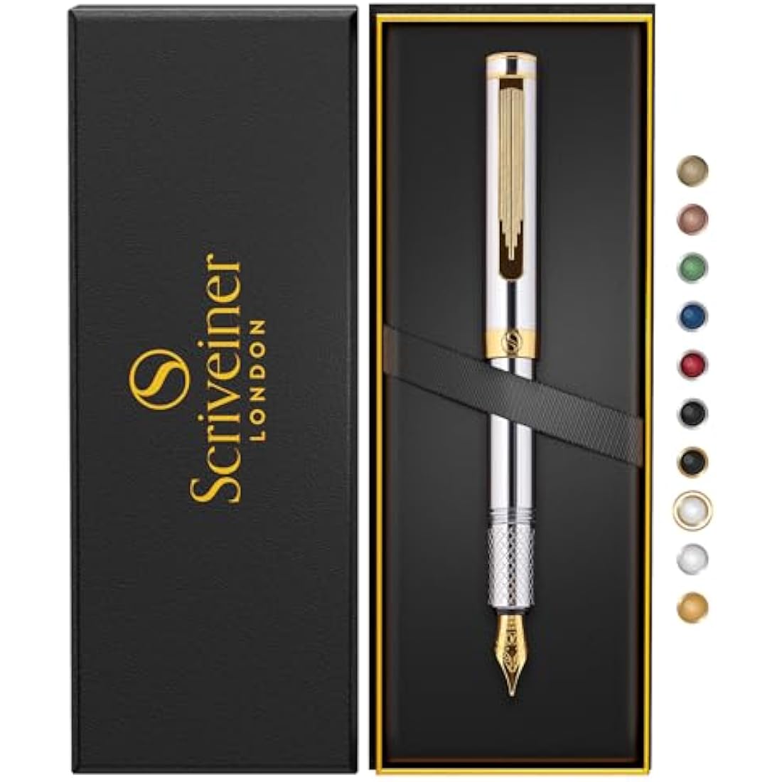 Scriveiner Silver Chrome Fountain Pen | Fine Schmidt Nib Gold Plated