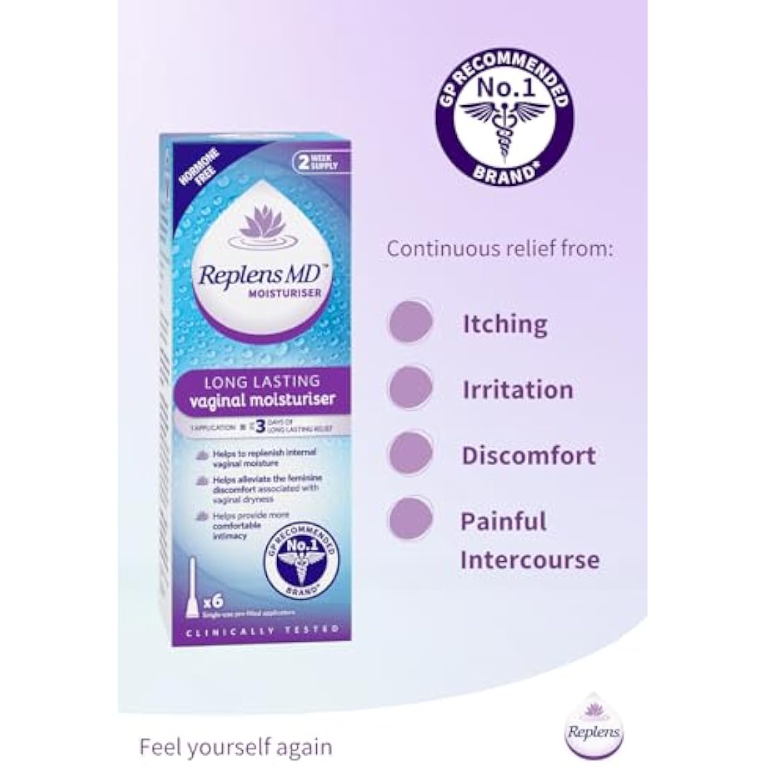 Replens Long Lasting Vaginal Moisturiser | Hormone Free | 6 Applicators