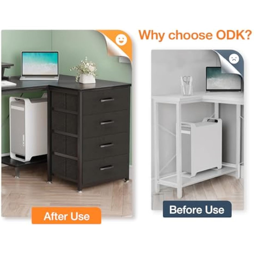 ODK L-Shaped Corner Desk with Drawers, Power Outlets & Monitor Stand