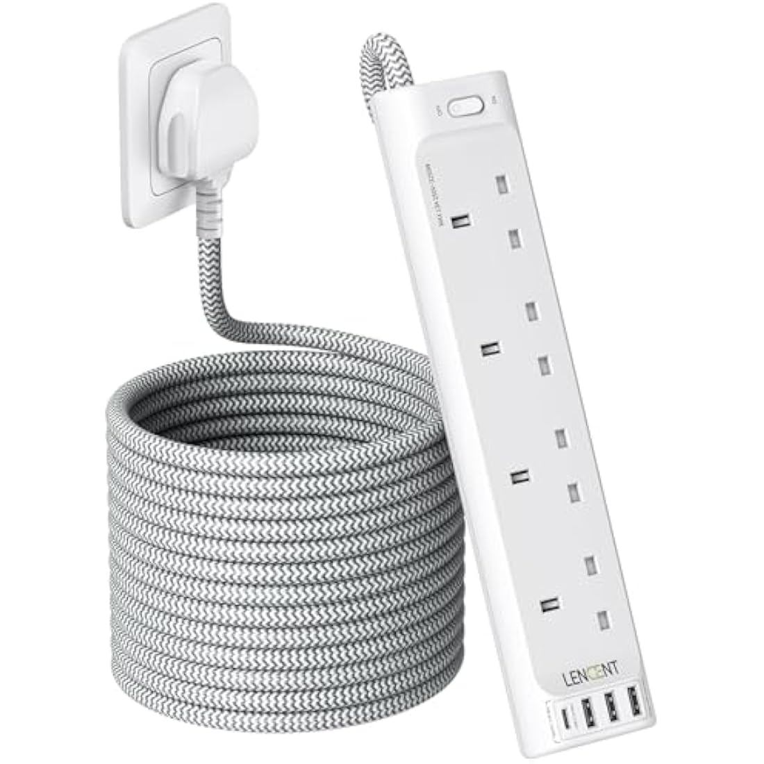 LENCENT 5M Extension Lead – 4 Way Power Strip with 4 USB Ports