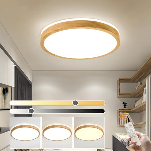 YYUTLUO Wooden LED Ceiling Light – 30W Dimmable Round Flush Mount Lamp