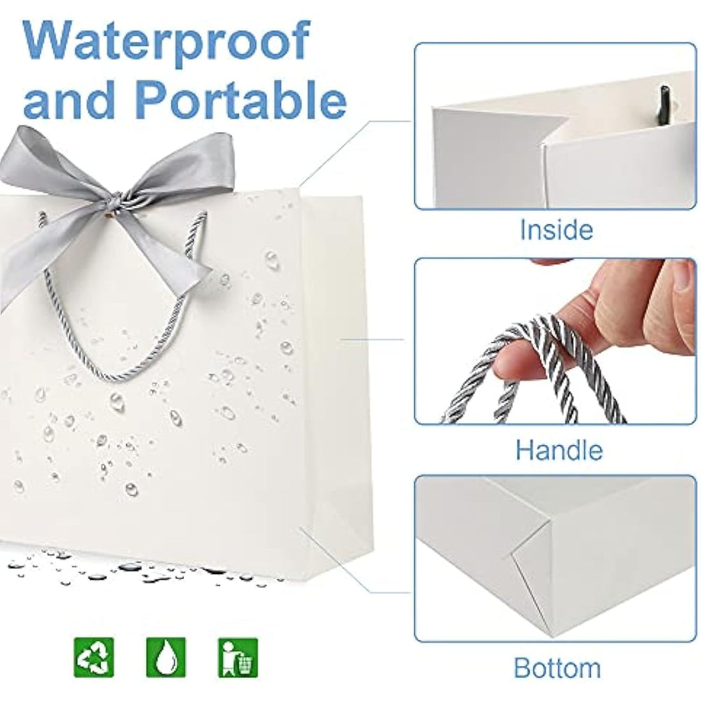 White Paper Gift Bags with Silver Bow Ribbon - 8 Pack
