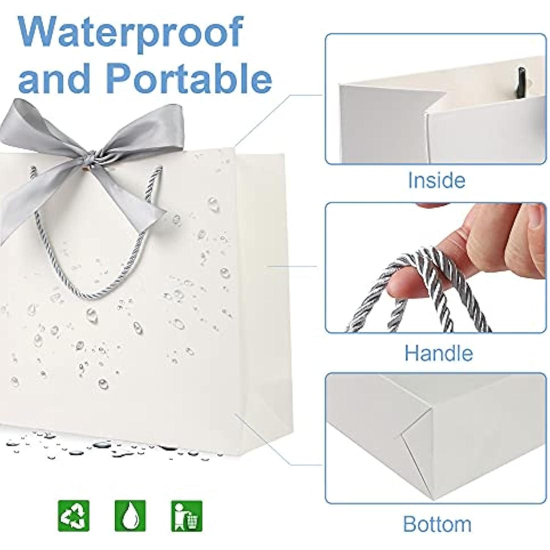 White Paper Gift Bags with Silver Bow Ribbon - 8 Pack