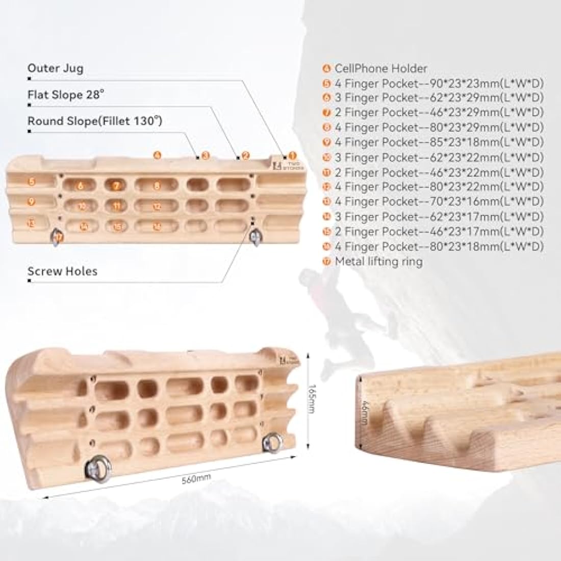 Wood Rock Climbing Hangboard with Phone Holder and Jugs