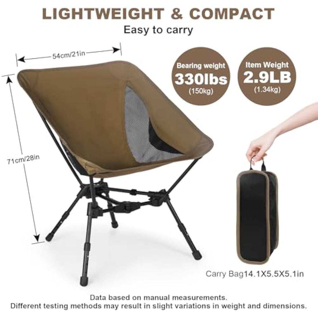 Ultralight Folding Camping Chair – Adjustable Height, Khaki
