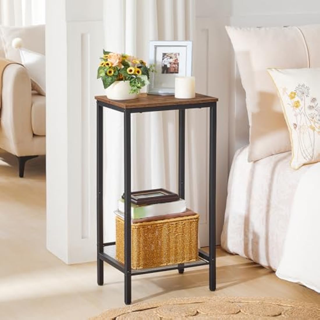 HOOBRO Tall Side Table – Industrial Narrow Nightstand with Mesh Shelf