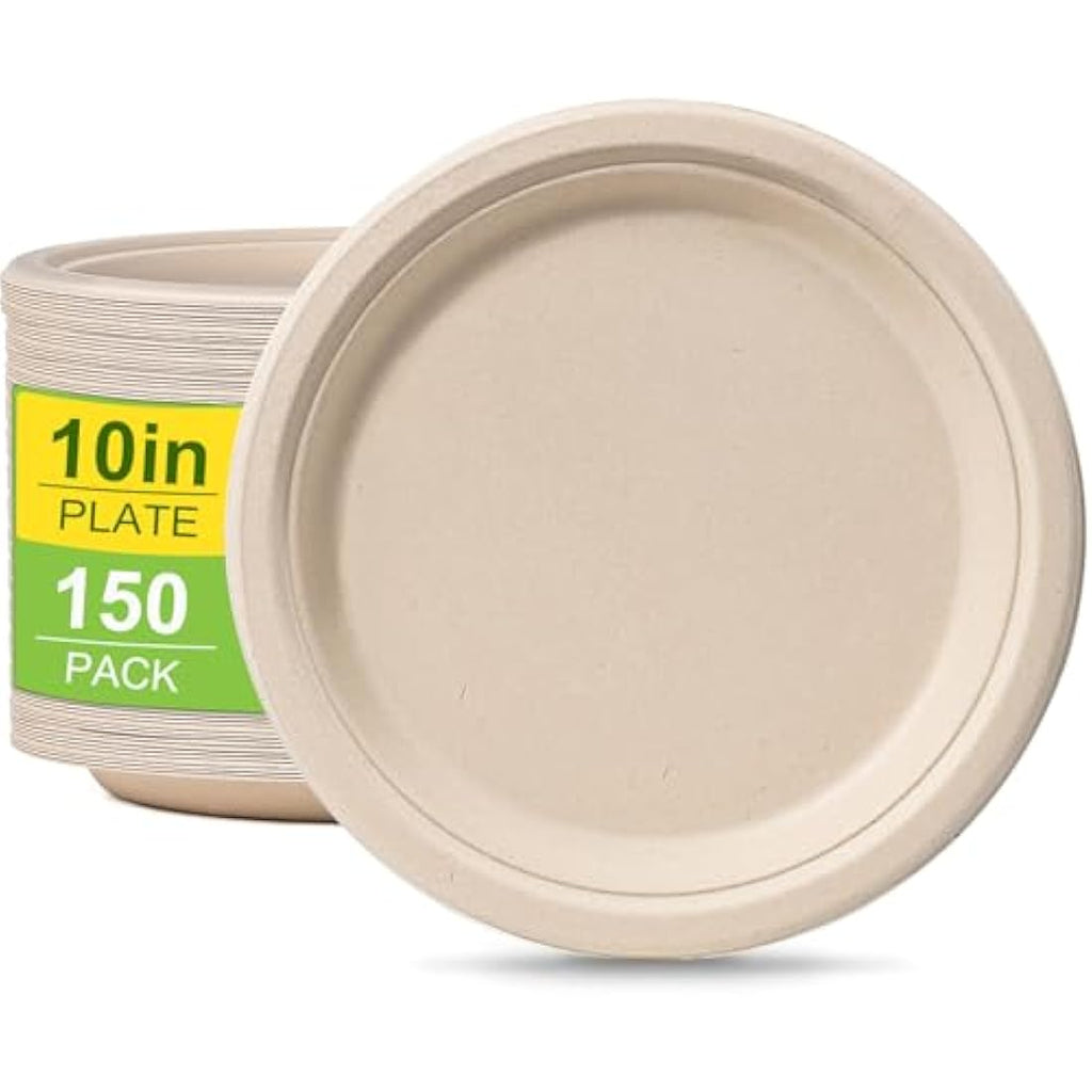 10-inch Sugarcane Paper Plates | 150 Pack Heavy Duty Brown