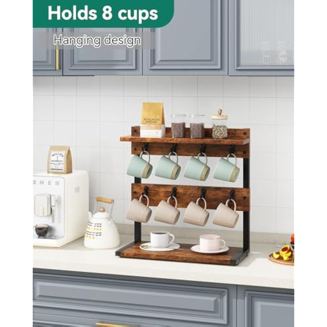 IBUYKE 2-Tier Coffee Mug Holder Stand – Rustic Brown 8-Cup Countertop Rack
