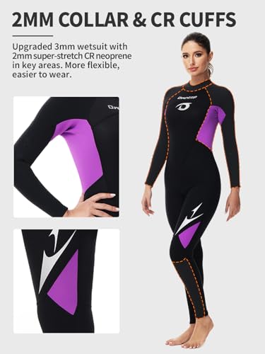 Owntop Women's 3/2mm Full Wetsuit | Neoprene Back Zip Diving Suit - Purple