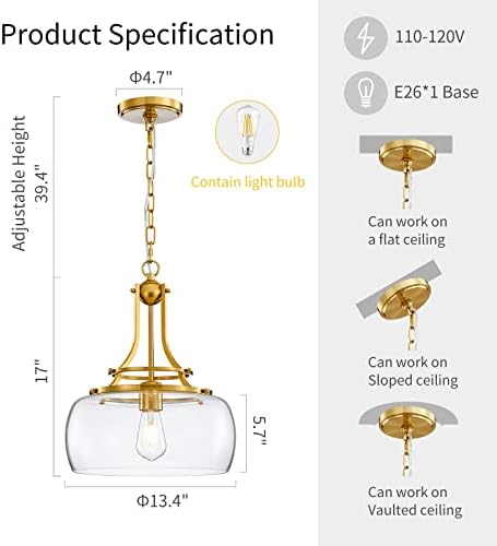 WUZUPS Brushed Gold Industrial Pendant Light | Round Glass Farmhouse Chandelier