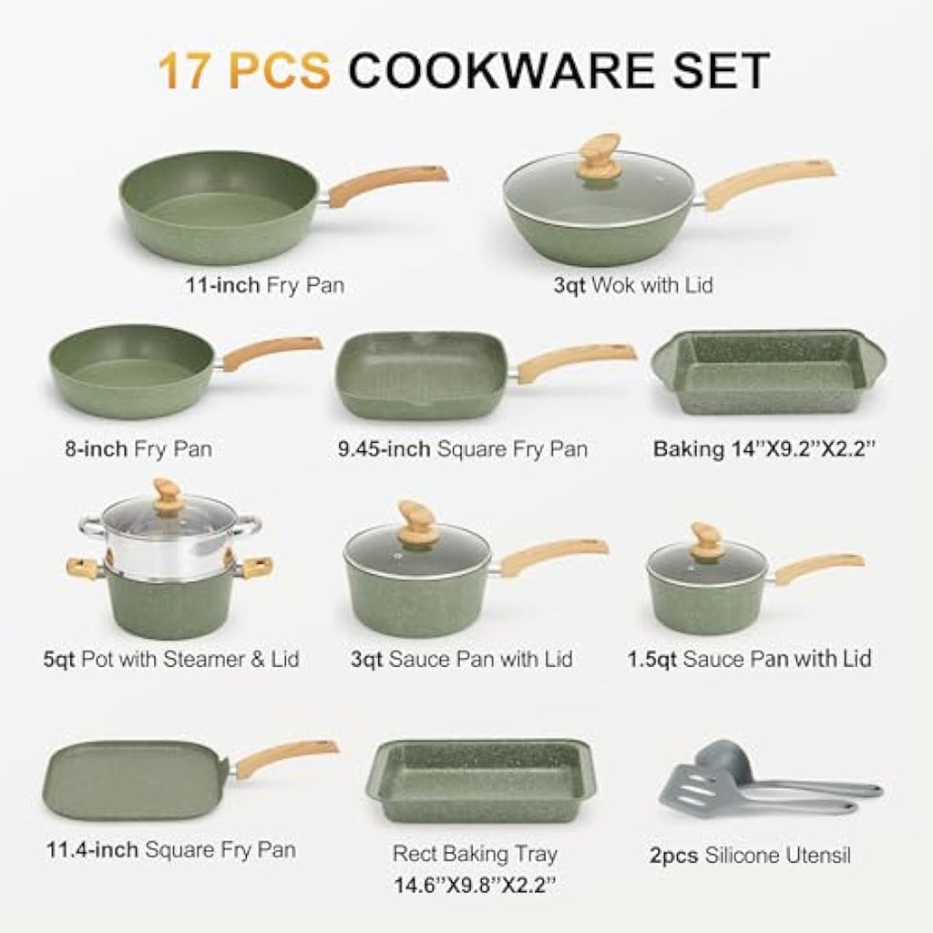 Kitchen Academy 17-Piece Granite Non-Stick Induction Cookware Set – Green