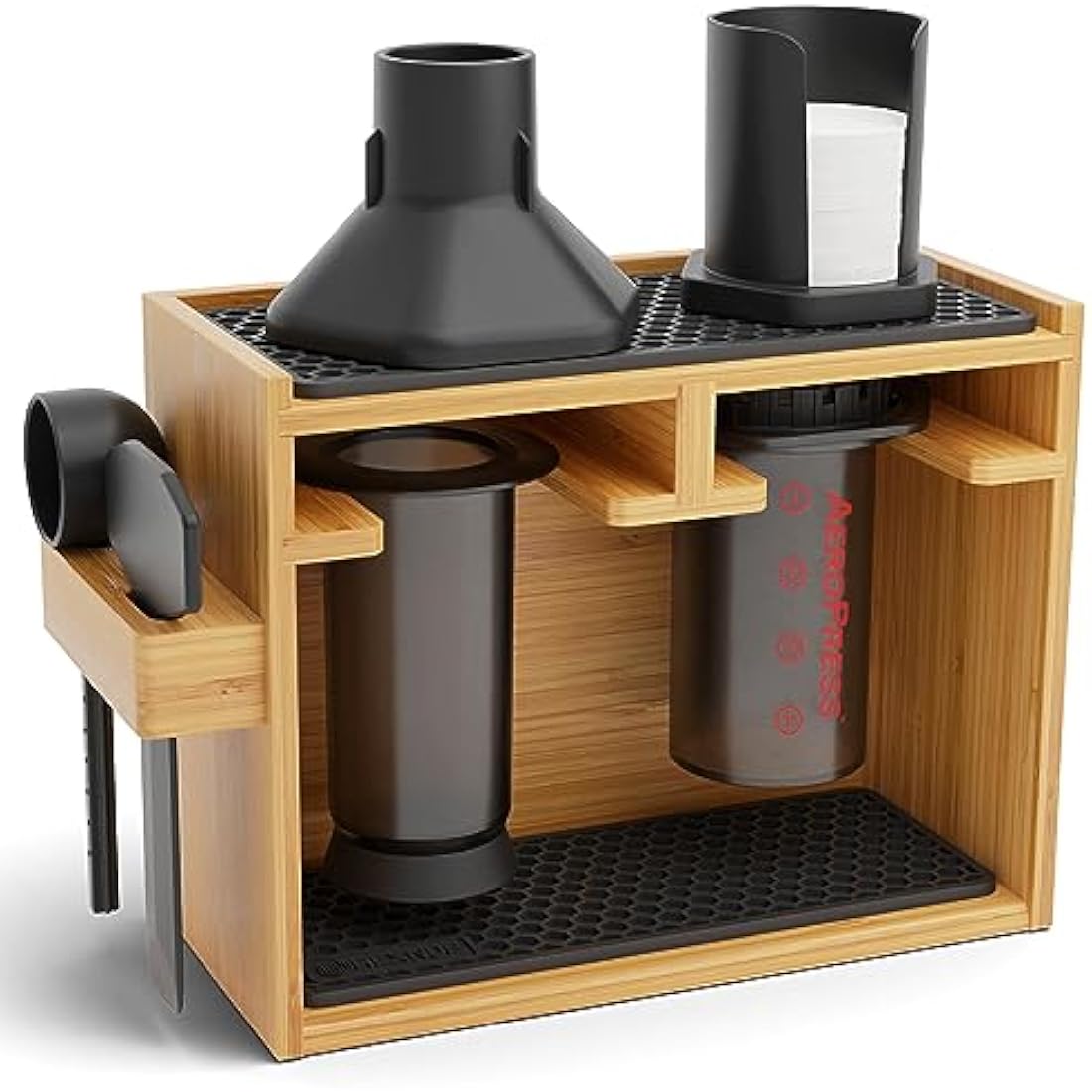 Hexnub Bamboo AeroPress Organizer Station with Silicone Mats - Black