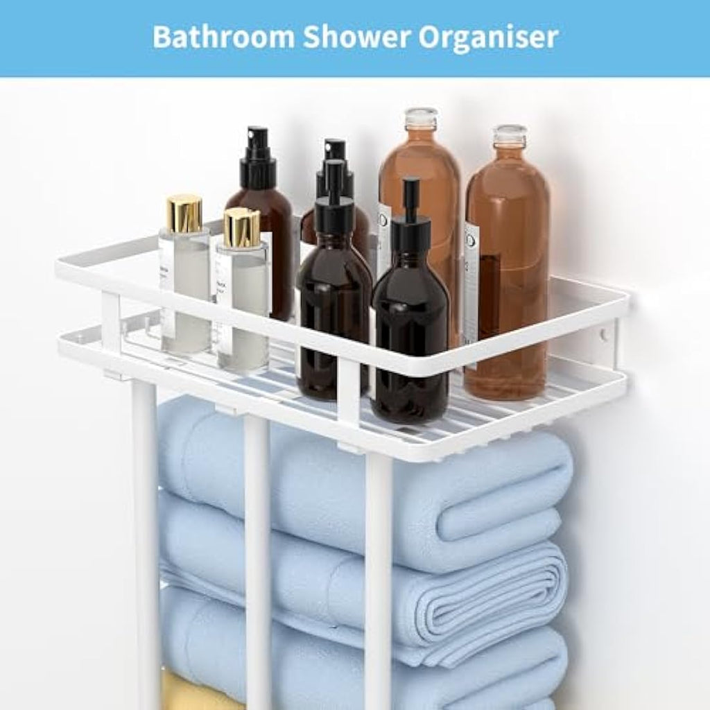 Wall Mounted Towel Rack with Shelf and 4 Hooks – White Metal