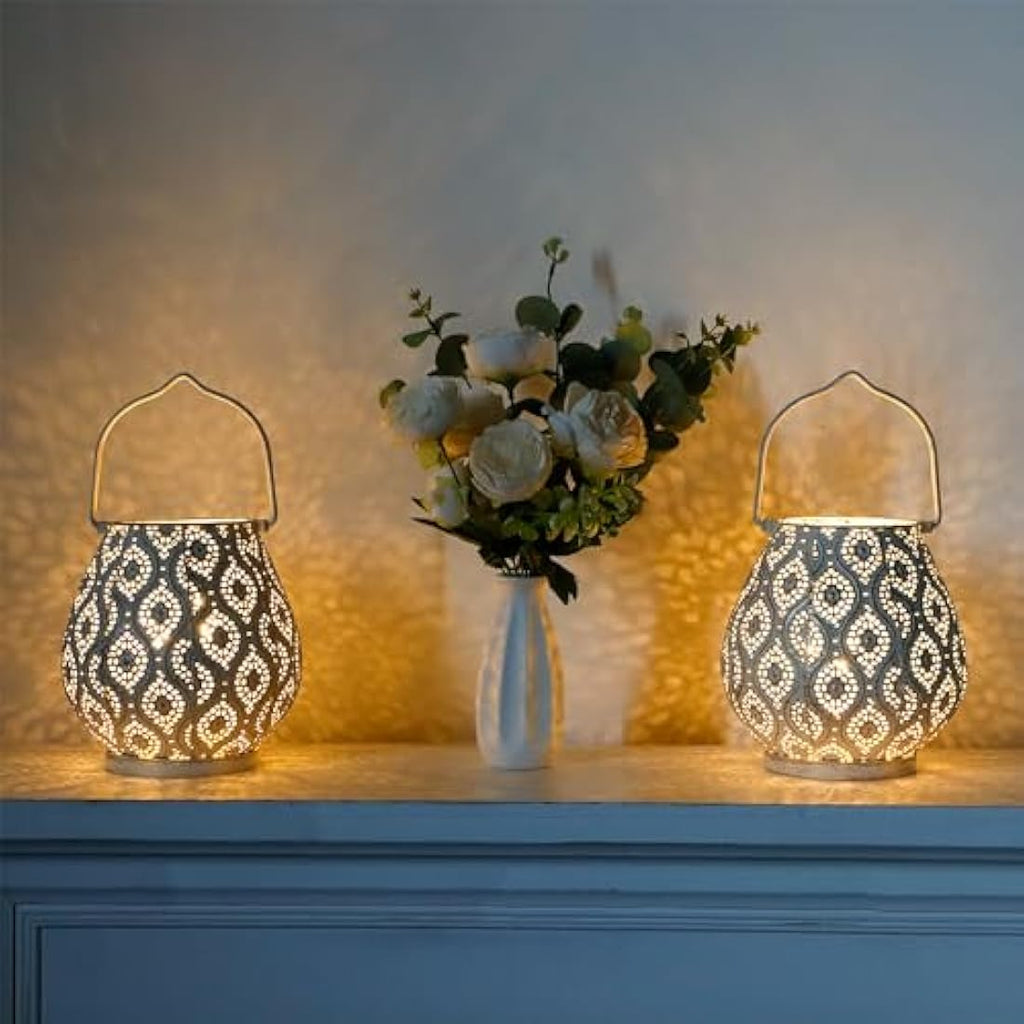 TRIROCKS Moroccan Metal Table Lamps – Set of 2 White Cordless Lanterns