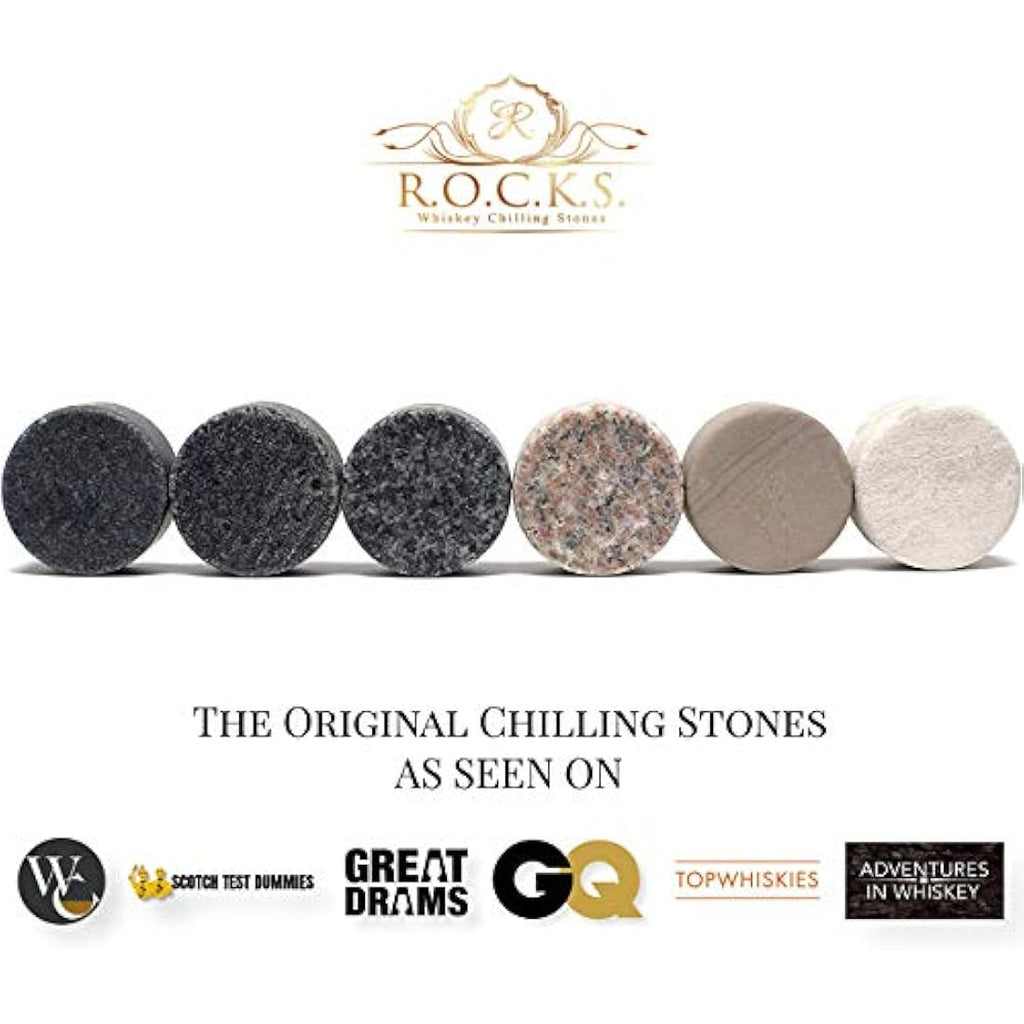 ROCKS Whiskey Chilling Stones Gift Set | 6 Granite Rocks & 2 Crystal Glasses