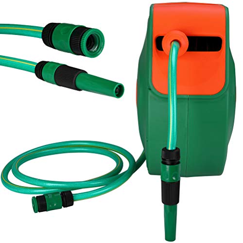 BAKAJI Automatic Garden Hose Reel | 20m Wall Mount 180° Swivel PVC