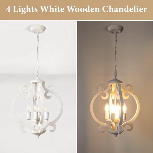 LynPon 4-Light White Farmhouse Chandelier | Rustic French Wood Pendant
