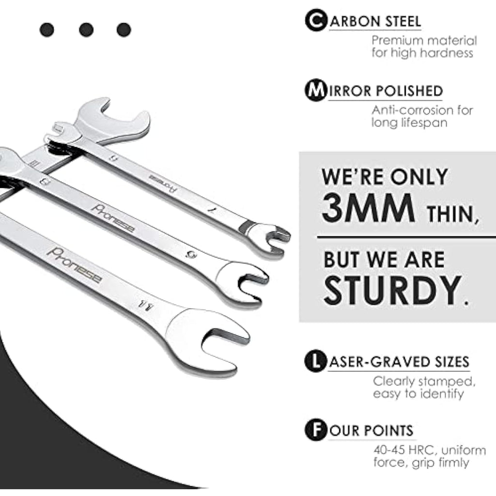 Pronese 10-Piece Super-Thin Metric Open End Wrench Set | 6mm–27mm