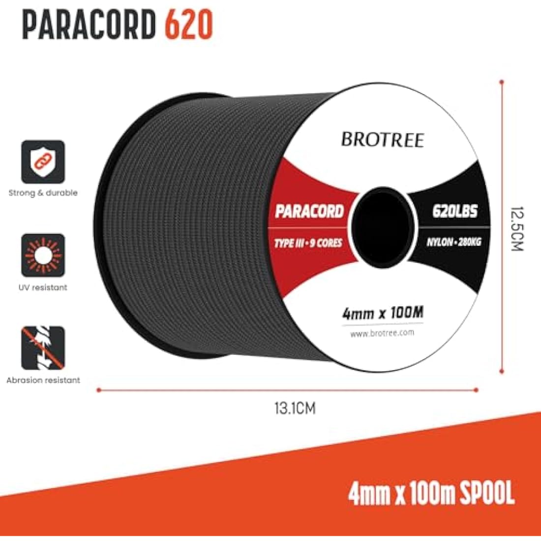 Brotree 4mm 9-Strand Nylon Paracord – 100M Type III Parachute Cord, Black