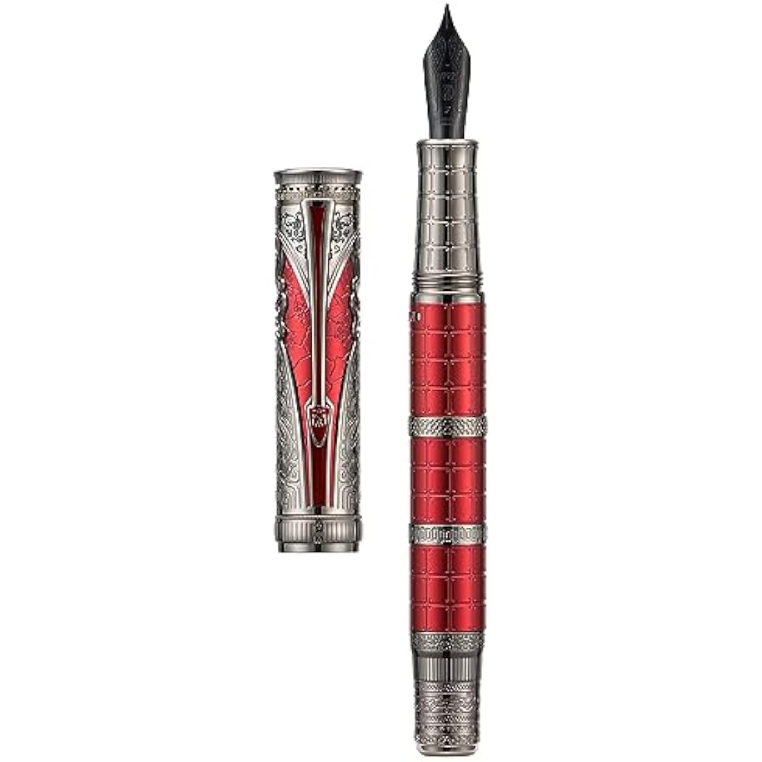 Hongdian D5 Qin Dynasty Fountain Pen – Red Silver Piston Fill EF Nib