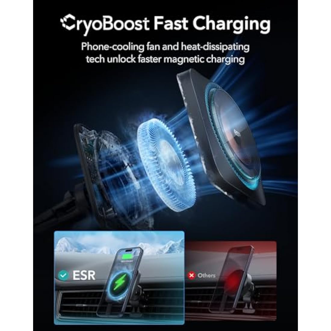 ESR MagSafe Car Mount Charger with CryoBoost Cooling for iPhone 16/15/14