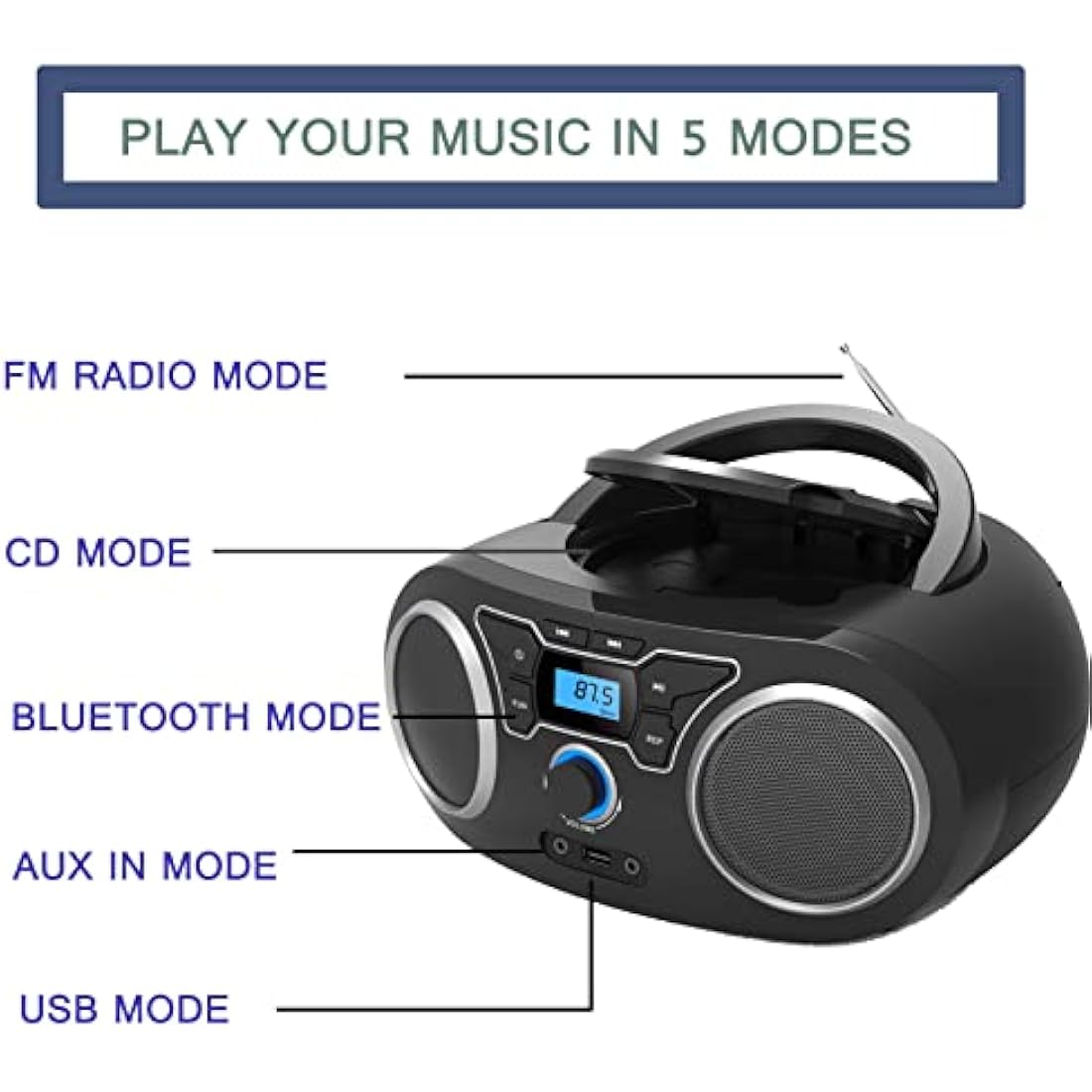Portable CD Player – Bluetooth Boombox with FM Radio & USB