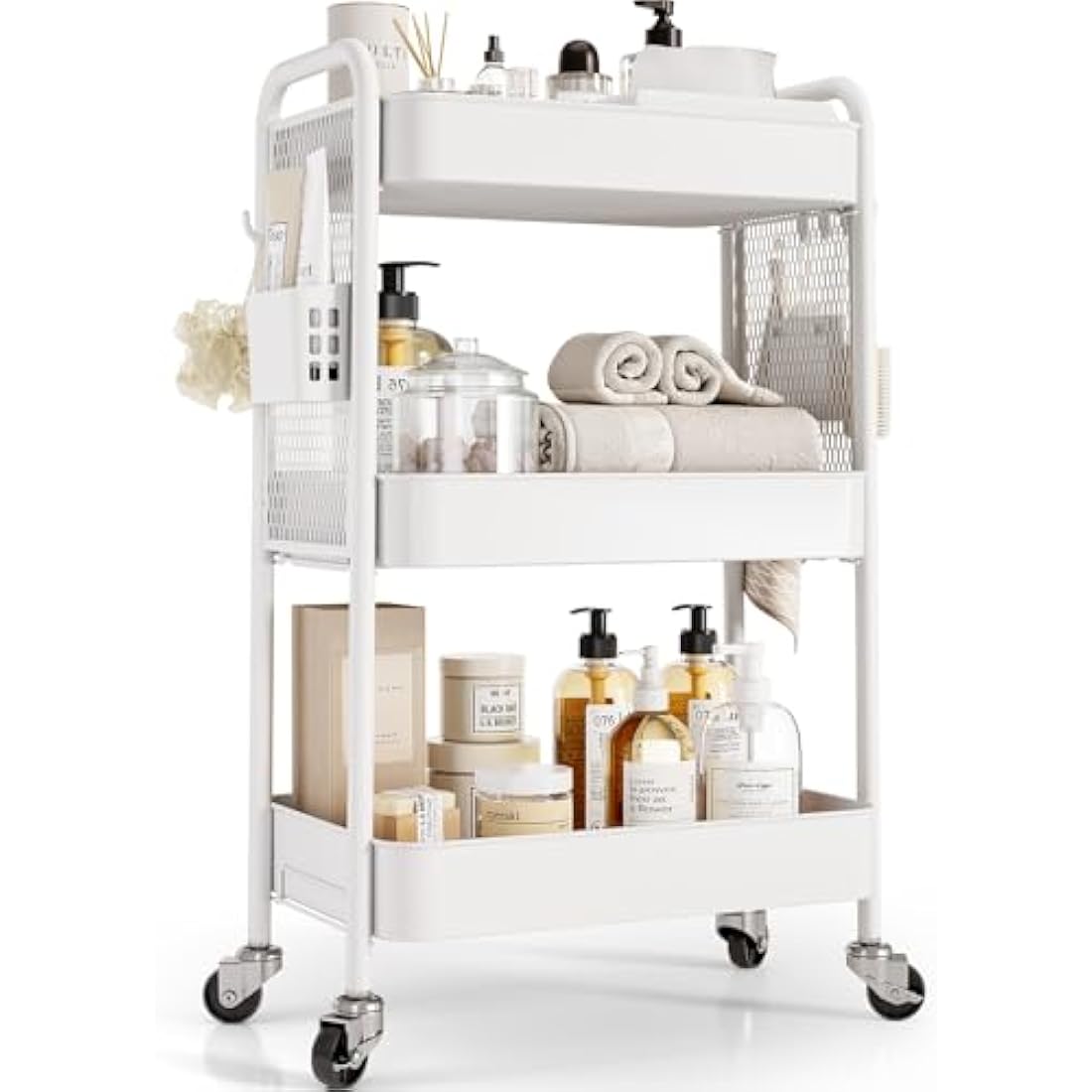 Urackify 3-Tier Rolling Utility Cart with Pegboard and Hooks - White