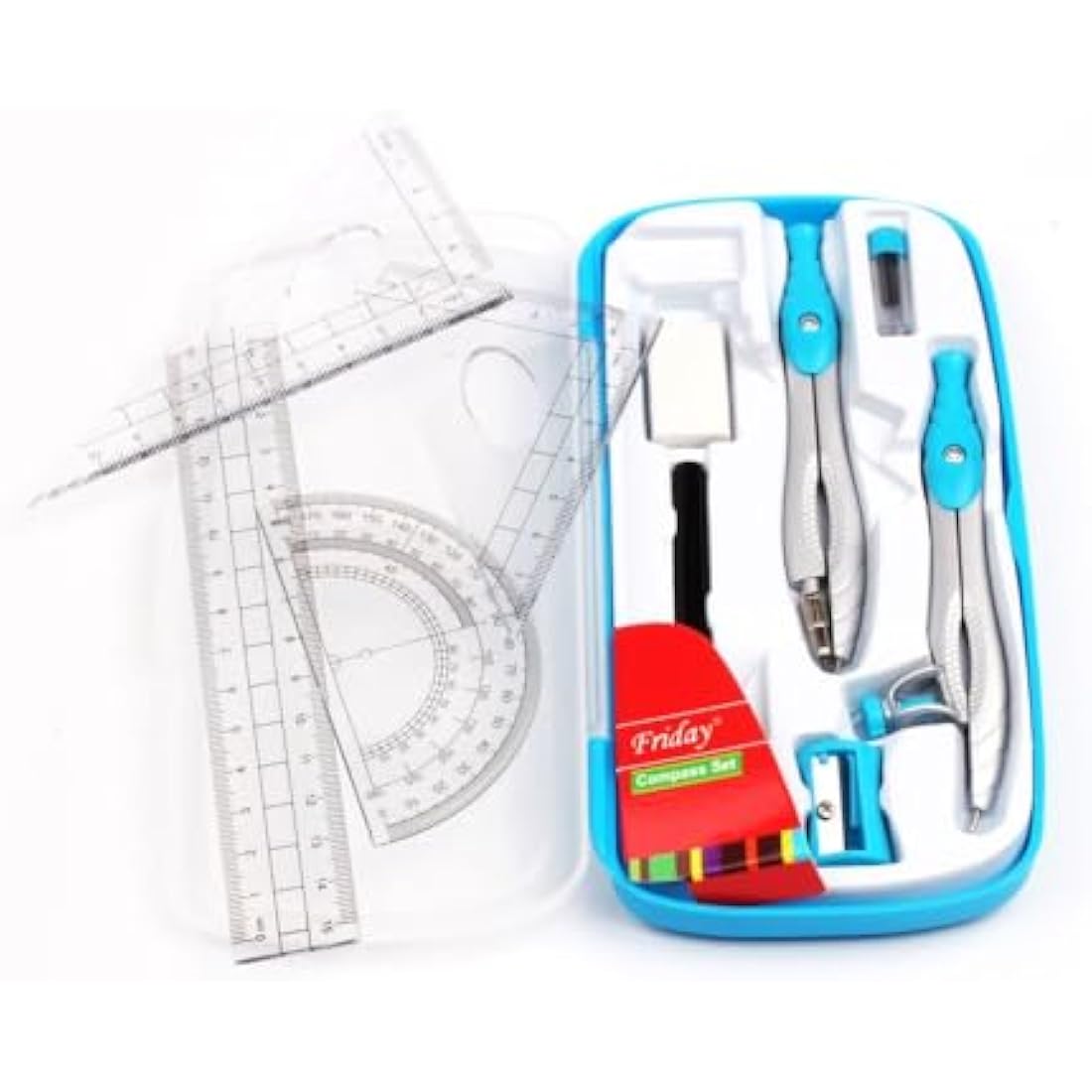 MHwan 10-Piece Maths Geometry Set with Metal Compass and Case - Blue