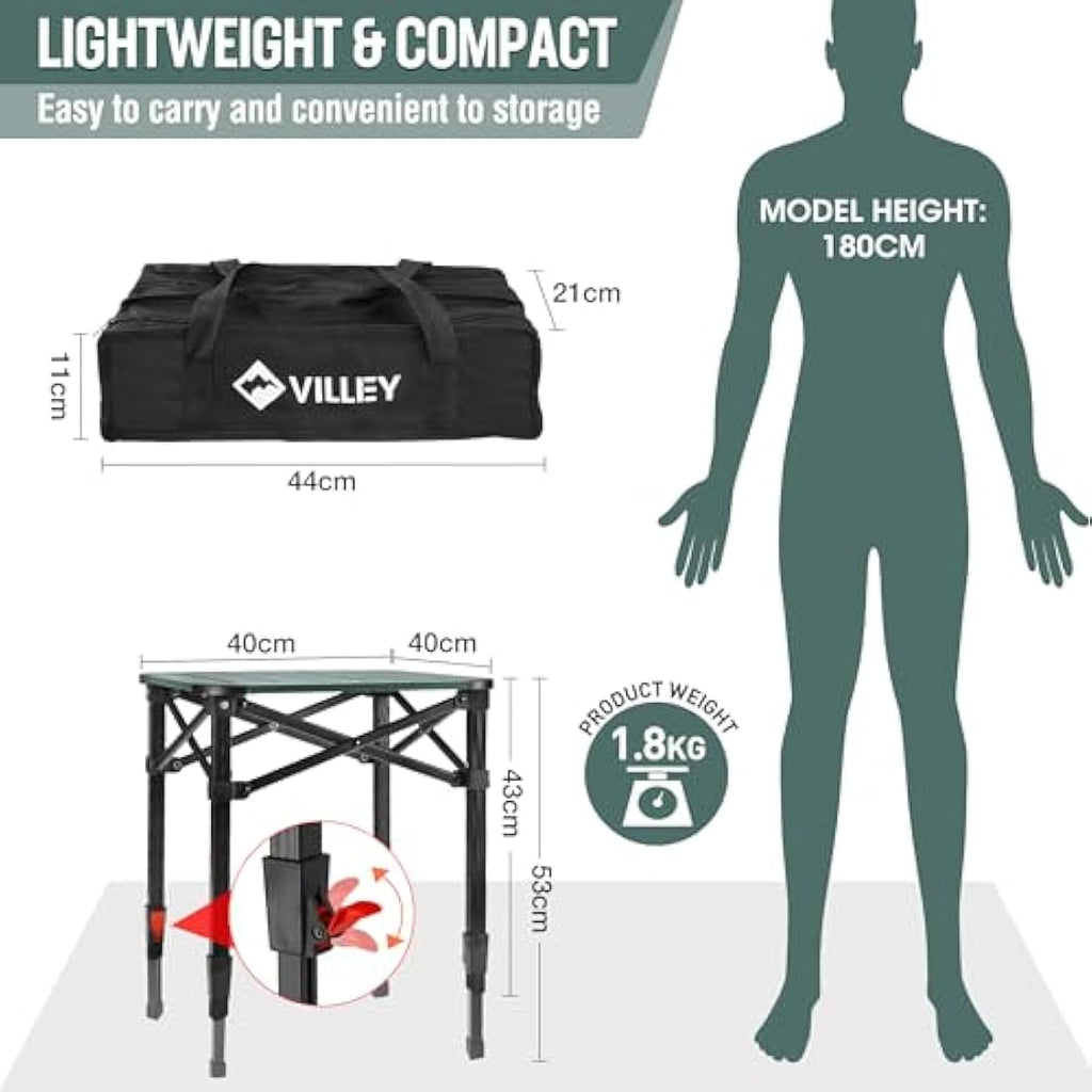 VILLEY Folding Camping Table | Adjustable Height Aluminum Roll Up Table