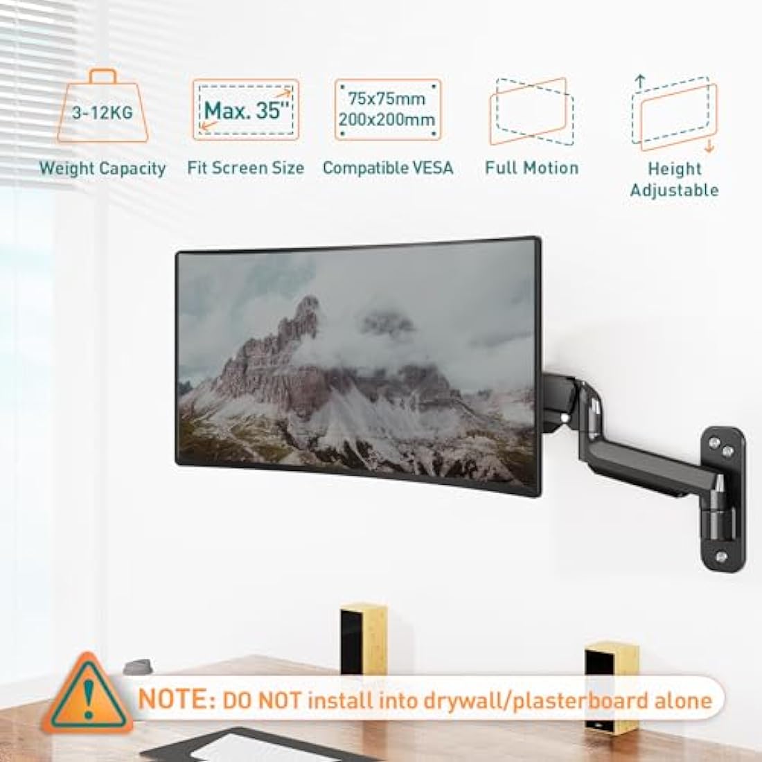 ELIVED Gas Spring Monitor Wall Mount for 35 inch Screens | VESA Extension
