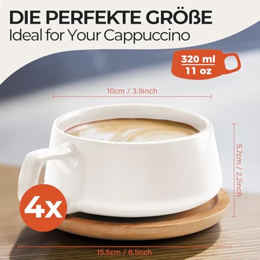 MIAMIO Ceramic Coffee Cup Set with Bamboo Saucers - 320ml Luxe White, 4pc