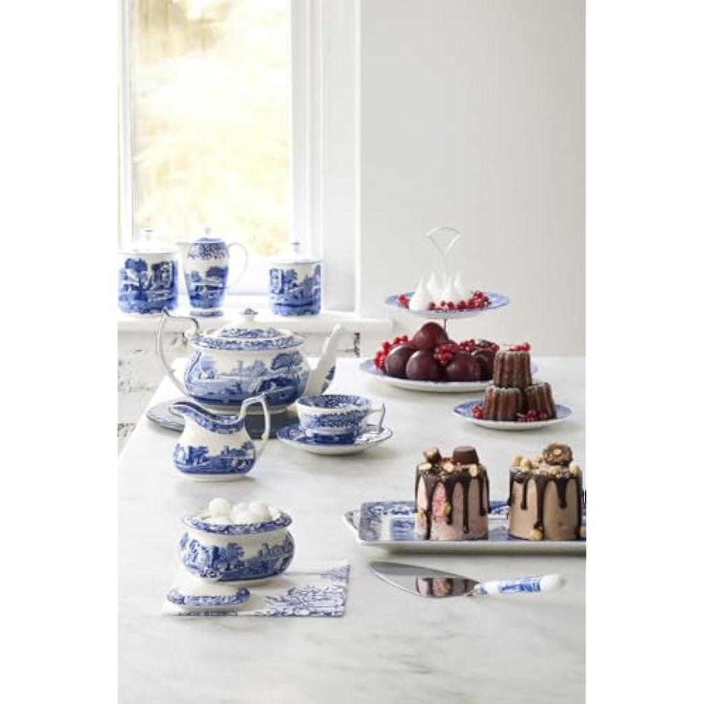 Spode Blue Italian Teacup and Saucer Set – 7oz Ceramic Fine China, 4pc