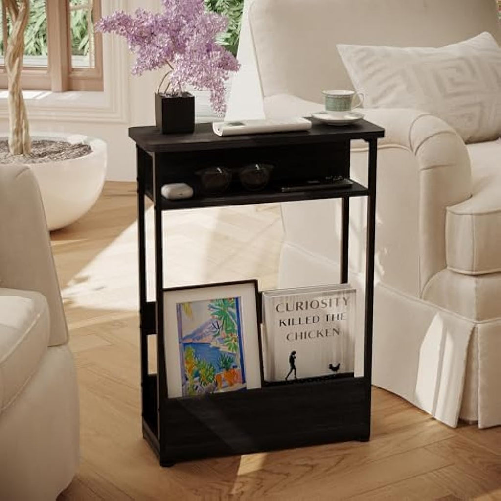YEAKOO Narrow Side Table – 3-Tier Slim End Table with Storage Shelf